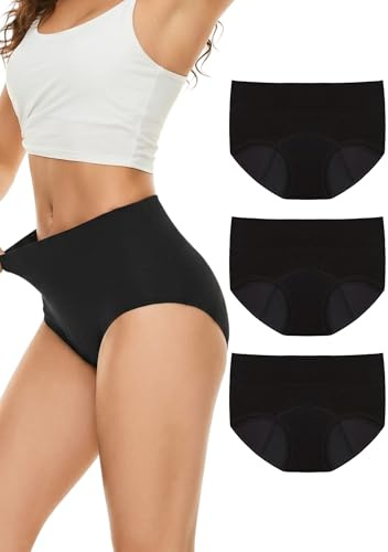 LOFIR Period Pants Women Underwear: Knickers High Waisted Cotton Menstrual Briefs - Washable Leakproof Heavy Flow for Postpartum Ladies Teenage Girls 3 Pack Black XL