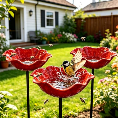 3STK Vogeltränke Blume aus Metall,Handgefertigter Gartenstecker,Winterfeste Vogeltränke & Insektentränke,Bienentränke für Garten und Terrasse,Outdoor-Vogelfutterstation, Garten, Hof, Terrasse