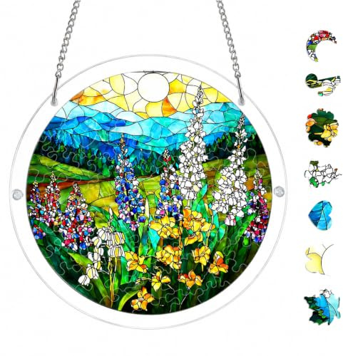 Acrylic Jigsaw Puzzle Suncatcher Floral Window Decor, DIY Acrylic Puzzle Suncatcher for Doors Garden, 7in Colorful Sun Catcher Kit