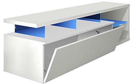 Habitdesign Mueble de TV Moderno Blue-Tech con Luces LED | Mesa de Salón Comedor con Puerta Abatible Sistema Push y Estantes de Cristal | Blanco Brillo, Medidas: 150 x 43 x 41 cm