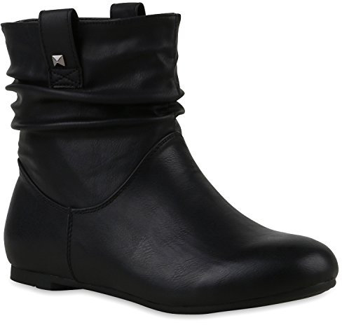 Stiefeletten Damen Schlupfstiefel Schnallen Stiefel Flach Boots Nieten Leder-Optik Schlupfstiefeletten Schuhe 120939 Schwarz 37 Flandell
