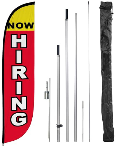 LookOurWay Feather Flag Set, 12 ft Advertising Flag with Poles and Ground Spike for Business Promotion, Now Hiring (10M1200298GSet)