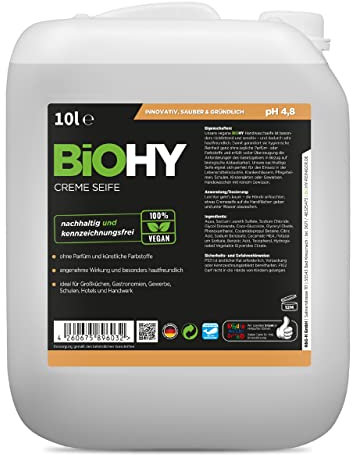 BiOHY Creme Seife (10 Liter Kanister) | Hautschonende, rückfettende & geruchsneutrale Handseife | flüssiger Nachfüllpack mit pflanzlichen Inhaltsstoffen | auch für das Gesicht geeignet