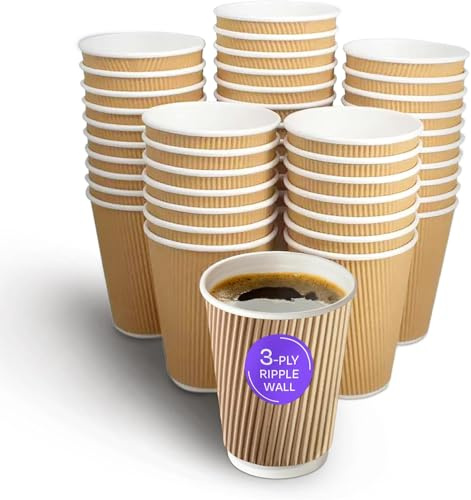 We Can Source It Ltd 16oz Ripple Brown Kraft Paper Cups - Strong 3-PLY Disposable Insulated Coffee Cups - Leak-Proof Recyclable Drinking Cups for Hot Drinks, Tea, Coffee and Beverages (200)