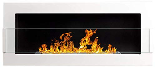 900x400 mm Bio-Ethanolkamin Biokamin Wandkamin weiß Glanz mit Glas + TÜV Zertifikat