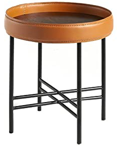 Angel Cerdá - Table d’Appoint Ronde en Noyer et Cuir de Vache Recyclé Cognac - Table d’Appoint Moderne pour Salon, Chambre ou Coin Lecture - Ø42 x 45 cm