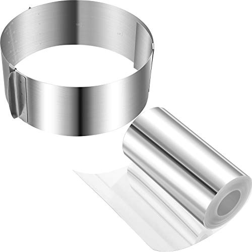 Patelai 6-12 Inch Cake Ring Mold Stainless Steel Adjustable Mousse Baking Mould with Collars, 4 x 394 Inch Clear Strips, Transparent Rolls, Mousse Acetate Sheets for Bake Decorating