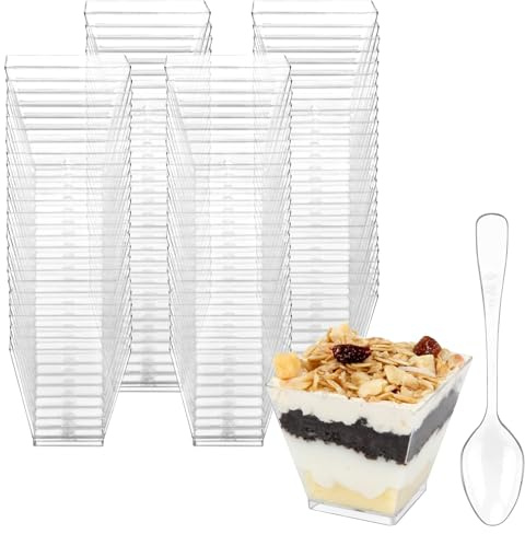 Colovis Mini Dessert Cups, 100 CT 2oz Clear Plastic Parfait Appetizer Cups with Spoons Mini Square Dessert Bowls for Serving, Tasting (100)