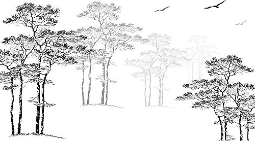 Wesmilewallpaper Papier Peint Panoramique 3D Croquis Noir Et Blanc Style Abstrait Forêt Grand Arbre Oiseau Volant 350x245cm Papiers Peints Intissé Tapisserie Murales Poster