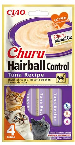 INABA Churu Hairball Snack Gatti per Prevenire le Palle di Pelo - Gusto Tonno, 4 Stick x 14g - Cibo per Gatti con Omega 3 e 6, Taurina e Vitamina E Contro i Boli di Pelo, Snack Funzionale