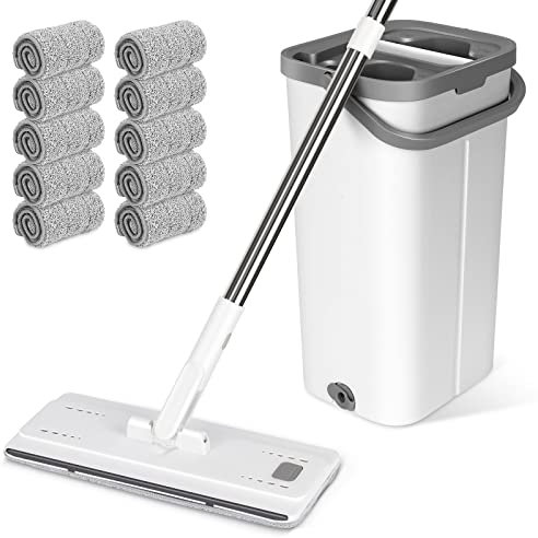 Myiosus Mop and Buckets Sets, Microfibre Flat Mop for Wet & Dry with 5 Reusable Pads, 140cm Stainless Steel Handle, Twin Chamber Bucket for Cleaning Tile Laminate Hardwood Floors