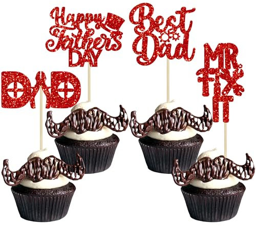 24 PCS Happy Father's Day Cupcake Toppers with Hat Tool Theme Red Glitter Best Dad Cupcake Picks Dad Birthday Decorations for Fix It Theme Father's Day Dad Birthday Party Supply