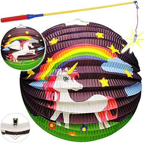 alles-meine.de GmbH Set: Laterne/Lampion + LED Laternenstab - Einhorn & Regenbogen - für Kinder - Papierlaterne Rund - aus Papier - Lampe - Laternen Lampions - Figur - elektris..