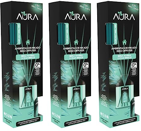 AURA | Pack 3 Ambientador Mikado con Varillas | Aroma Brisa Marina | Larga Duración 4 Semanas | 0% Alcohol | 3x30ml