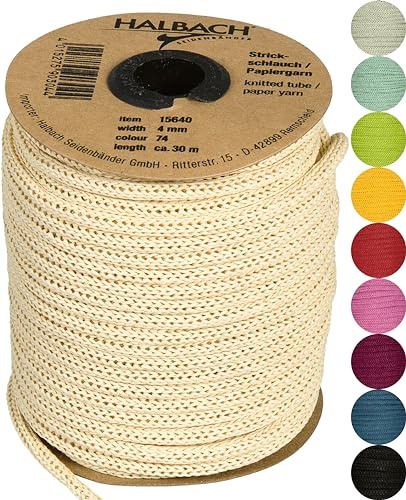 Halbach Tubo di carta per lavori a maglia, 4 mm x 30 m, giallo paglia | Filato tubolare riempibile e resistente agli strappi, per lavori di annodatura o piegatura di forme individuali grazie al