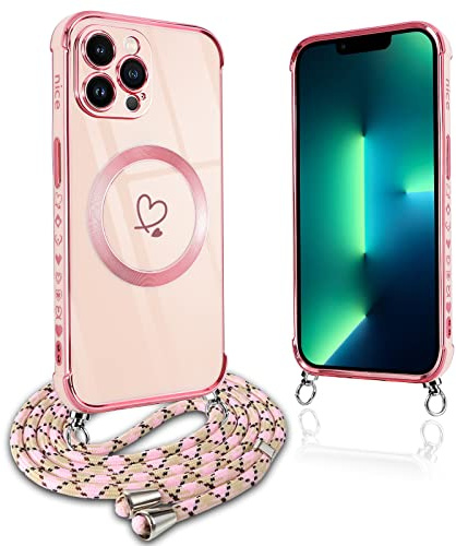Pnakqil Handykette für iPhone 13 Pro Max Hülle mit Band, Kompatibel mit MagSafe, Handyhülle Ultra Dünn Silikon Magnetisch mit Herz Love Muster Schutzhülle mit Kordel für iPhone 13Pro Max 6.7, Rosa