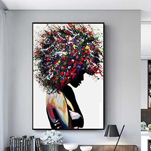 Bild Leinwanddrucke, Graffiti-Kunst einer schwarzen Frau, Leinwand-Kunstdruck, afrikanische Frau mit buntem Haar, Bild, moderne Wanddekoration, 80 x 120 cm, rahmenlos