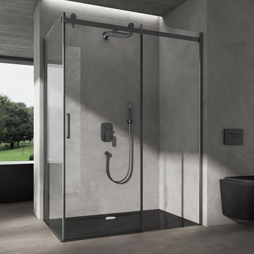 doporro Duschkabine mit Schiebetür Eckdusche 80x120x195cm Duschabtrennung Schwarz 8mm ESG-Sicherheitsglas Klarglas mit schwarzer Duschtasse inkl.Nano-Beschichtung Ravenna19