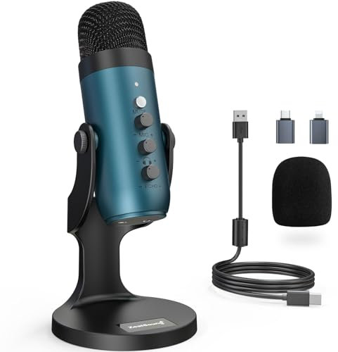 zealsound Mikrofon PC, USB Kondensatormikrofon Gaming für Mac Handy, PS4/5, Studio Mikrofone mit Stumm/Gain/Echo,Adapter für Phone, für Gaming, Podcast, Aufnahmen, Streaming, ASMR, YouTube, k66 Teal
