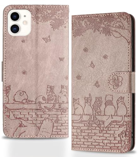 Butnyeoe Handyhülle für iPhone 11,Zaunkatzen Klappbar Hülle,Geprägtes PU Leder Wallet Schutzhülle Tasche Flip Case,Magnetische Klapphülle mit Kartenfach Standfunktion,Rosa-Violett