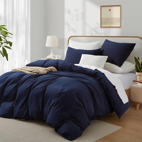Boqingzhu Bettwäsche 135x200 cm Baumwolle 2-Teilig, ÖKO-TEX, Blau | 100% Baumwolle Renforce, Weich, Uni Einfarbig Dunkelblau Ästhetik, Bettwaren Baumwollbettwäsche Reißverschluss, Sicher
