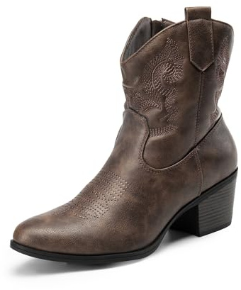 DREAM PAIRS Women's Western Cowboy Cowgirl Embroidered Ankle Boots Fashion Low chunky Heel Round Toe Fall Short Booties Shoes,Size 8.5,Brown,SDAB2432W