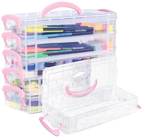Anstore Plastic Storage Boxes with Lids, Stackable Flat Small Storage Box for Pen Pencil, 2 x 3 Tier Stationary Organiser with lid, Organiser Boxes for Craft Jewellery Art Tools, Pink Plastic Pen Box
