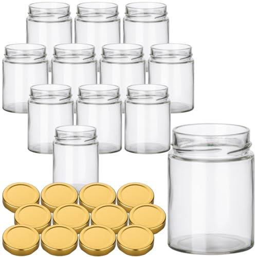 gouveo 12er Set Einmachgläser 280 ml Klassik mit Schraubdeckel - Leere Vorratsgläser zum Einkochen und Aufbewahren - Kleine Gläser für Marmelade, Honig, Selbstgemachtes (EGC280G)