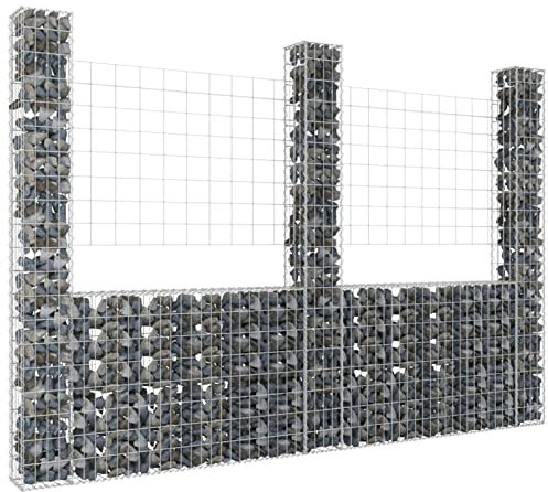 Sufrk U-shape Gabion Basket with 3 Posts Iron 260x20x200 cm,Gabion Wall Mesh Wire Stone Basket Galvanised Iron Stone Basket Outdoor Spiral Planter Retaining Wall