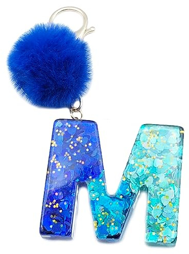 Xsclpomddy Frauen Alphabet Buchstaben Schlüsselanhänger Niedlich Schlüsselanhänger Glitzer mit Pom Pom Quasten Harz Blau Keychain für Tasche Charme