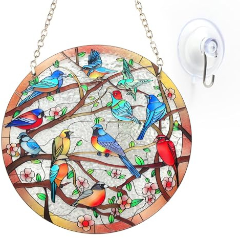 Stained Glass Window Hanging Suncatcher – Hand-Drawn Cardinal & Hummingbird Panel, Round Glass Ornament, Birds on a Branch Nature Decor, Colorful Gift for Bird Lovers, Family, and Friends (6 inch)