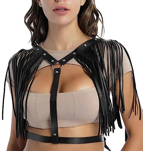 Maxtonser Punk Brustgeschirr Größe Kleid Zubehör Fransen Geschirr für Frauen Quasten Strapse Rückengürtel Verstellbarer Riemen Schwarz