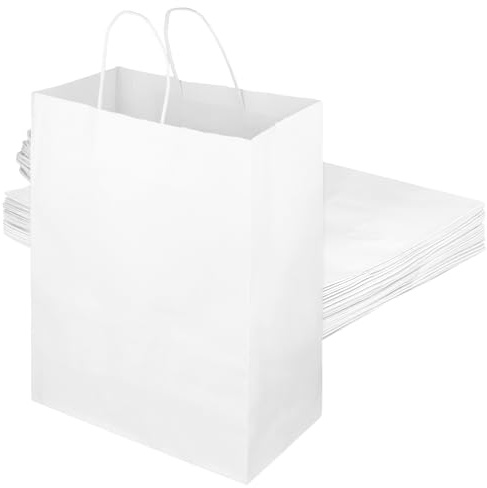 FUNSUEI 50 Stück 26 x 12 x 33 cm Papiertüten Groß, 120gsm Weiß Papiertüten mit Henkel, Kraftpapiertüten für DIY, Mitnehmen, Geschäfte, Einkaufen, Geburtstag, Einzelhandel