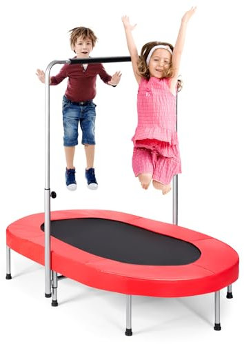 GOPLUS Fitness Trampolin für 2 Kinder, 154x90cm Trampolin klappbar mit 5 stufiger Verstellbarer Handlauf bis 150kg Belastbar, Kindertrampolin Indoor/Outdoor für Jumping Training (Rot)