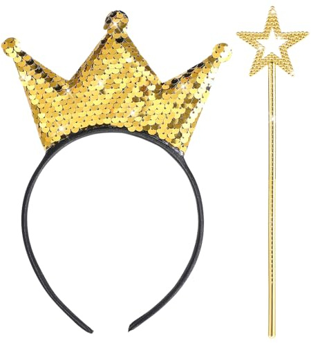 Thinp Krone Haarreifen,Goldene Krone Haarband,Glitzer Prinzessin Stirnband,Prinzessin Kron Haarreif mit Stern Zauberstab,Pailletten Kopfschmuck für Mädchen Frauen Geburtstag Karneval Fasching Kostüm