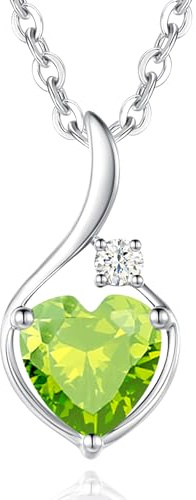FANCIME 14 Carat Solid White Gold August Birthstone Pendant Necklace, Heart Natural Peridot Pendant with 0.033 Ct Diamond Necklace, 925 Sterling Silver Chain, Fine Jewellery Gift for Women Her