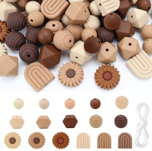 QGGTQG 110 Stück Blumenförmige Silikonperlen Gänseblümchen Bastelperlen | Rund Lose Silikonperlen 4 Farben mit Nylonseil für DIY Schlüsselanhänger, Halsketten, Armbänder (Braun)