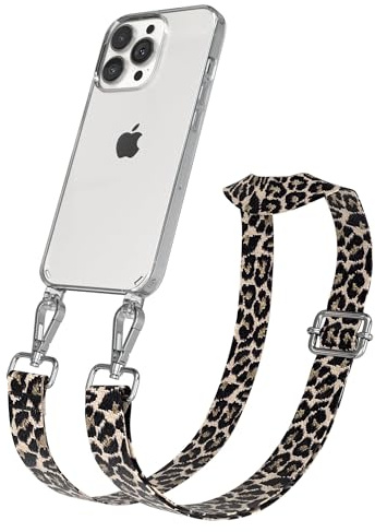 EAZY CASE Handykette - Verstellbares Taschenband kompatibel mit iPhone 13 Pro, Schulterriemen, Handykordel mit Silikon Hülle, Umhängetasche, Leo - Schwarz Beige Silber
