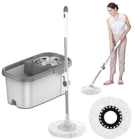 Wezalget Juego limpiador de suelos con cubo – Kit escoba y cubo con rotación de 360 grados – Accesorio para limpieza doméstica con 2 cabezales de repuesto para cocina, baño o salón