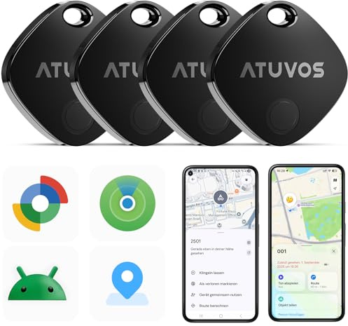 ATUVOS Smart Tag Pro Tracker für Android & iOS 4er Pack, Dual-System Schlüsselfinder kompatibel mit Google Mein Gerät Finden or Apple Wo ist? App, Smarttag Key Finder für Gepäck, Koffer.