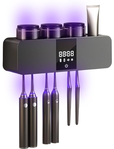 Soporte para cepillo de dientes eléctrico montado en la pared, desinfectante y soporte con dispensador de pasta de dientes de luz UV y organizador inteligente de cepillos de dientes de 3 tazas para