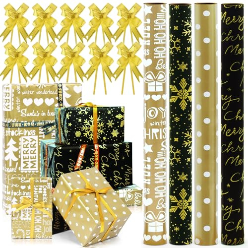 AhfuLife 4 Rolls Christmas Wrapping Paper Set for Gift, 43cm x 3M Xmas Gold Wrapping Paper Rolls with 10Pcs Ribbons, Recyclable Wrapping Paper for Boxes Wrap Birthday Festival Party Decorations
