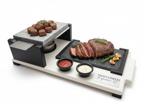 Piedra Volcánica Piedrasar para Asar Carne- con Plato de Pizarra para presentación de Alimentos-Apta para Calentar en Horno, Fuego Directo, vitro y Barbacoa- con Quemador de Alcohol y Dos salseros