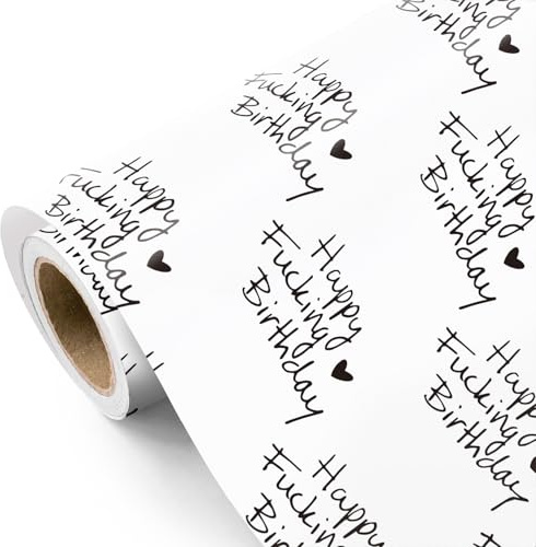 RUSPEPA Lustiges Geburtstags-Geschenkpapier – Mini-Rolle – 43,2 cm x 5 m – Weiß-schwarzes „Happy Fucking Birthday“-Geschenkpapier für Erwachsene, Freundin, Freund und Jahrestag