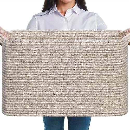 JOJOSEE Large Woven Laundry Storage Basket 55x38x30cm (Heathered Brown) | Cotton Rope Blanket Basket for Towel Clothes Storage, Toy Storage Organiser, Rope Basket for Living Room, Nursery, Bedroom