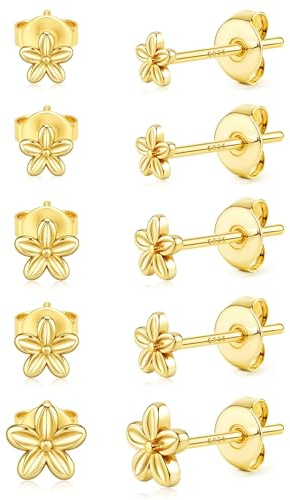 Morfetto 5 Paar Ohrringe Silber 925 Hypoallergene Ohrstecker Set Damen - Kleine 14K Gold Vergoldet Ohrstecker Zirconia Kugel Herz Blumen Perlen Ohrringe Silber 925 Stecker Schmuck Geschenke