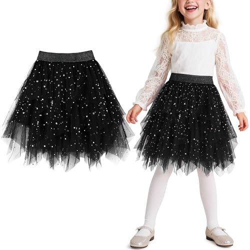 Keyck Tutu Skirt for Girls, Irregular Elastic High Waist Layered Tulle Sequin Star Ballet Dance Skirts, Midi A-line Fairy Princess Halloween Party Dress with Lining for Girls 7-8 Years, Black
