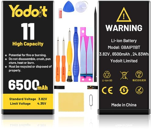Yodoit Akku für iPhone 11, 6500 mAh, hohe Kapazität 0 Zyklen Li-Ion Polymer Akku für Modell A2111, A2221, A2223 mit Reparatur-Tool-Kits