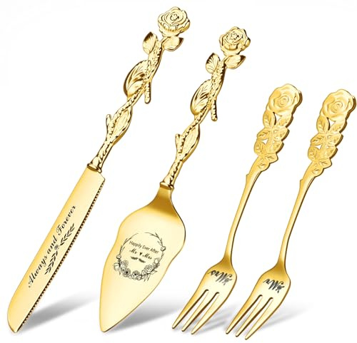Lanties 4 Pcs Wedding Cake Knife and Server Set with Forks Gold Engraved Cake Cutting Set Mr and Mrs Wedding Gifts for Couples Bridal Shower Anniversary Engagement Present