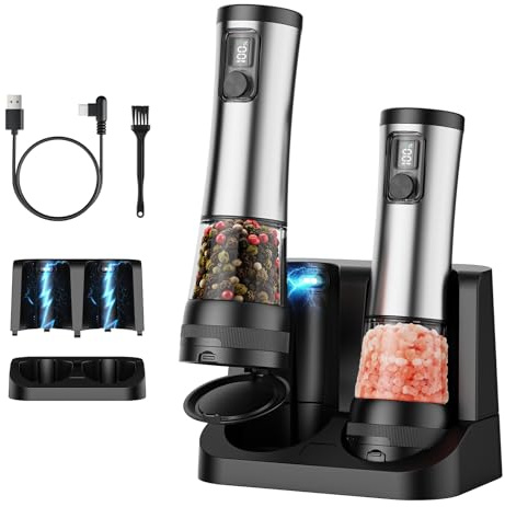 GVODE Elektrische Salz und Pfeffermühle Set, 800mAh Gewürzmühle Elektrisch | mit USB Ladung, Edelstahl Gehäuse, 5 Stufen Mahlgrad & 2 Geschwindigkeiten, LCD Display, Keramik Mahlwerk